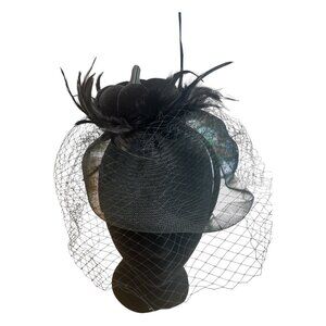 Halloween Black Feathered Fascinator Hat With Mesh Veil & Velvet Pumpkin Design
